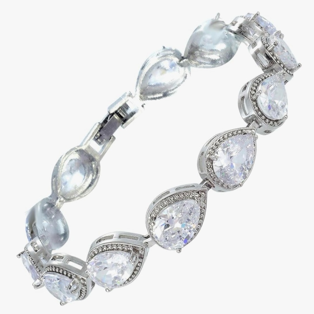 NEW 14k White Gold Plated Pear Cut CZ Tennis Bracelet